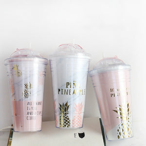 Creative Coffee Mugs Free Plastic Water Bottle Pink Pineapple Pattern Straw Travel Portable Tea Milk Cup Drinkware 420ML CL11151